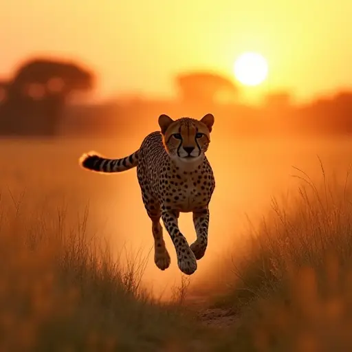 A cheetah running at full speed across an African savannah, its fur blending with the golden grasses as the sun sets in the background.