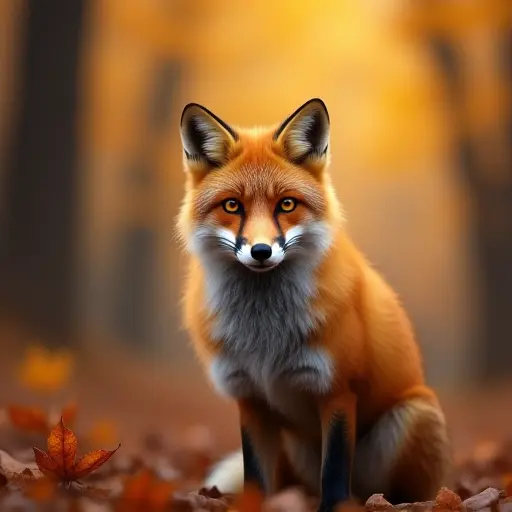 A fox with amber eyes standing in the middle of an autumn forest at dusk, its fur blending with the warm, golden colors of the falling leaves.