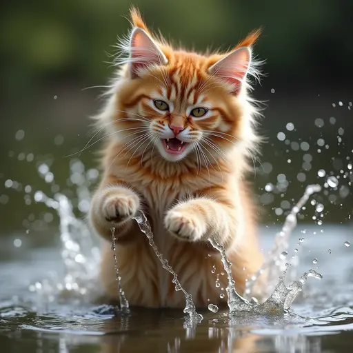 hd photo of A maine coon playfully splashing water with its paws, showing a mischievous expression.