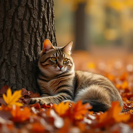 A cat resting against the trunk of a large tree in an autumn forest, its fur blending with the golden and red leaves surrounding it, as the tree's rough bark contrasts with the softness of the falling leaves.