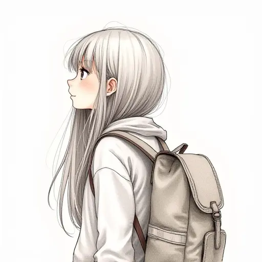 A girl with long hair and a backpack, sketched in fine pencil strokes with light watercolor accents.