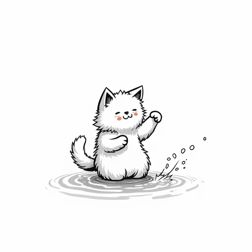 clean black and white hand-drawn outlines of A norwegian forest cat playfully splashing water with its paws, showing a mischievous expression.