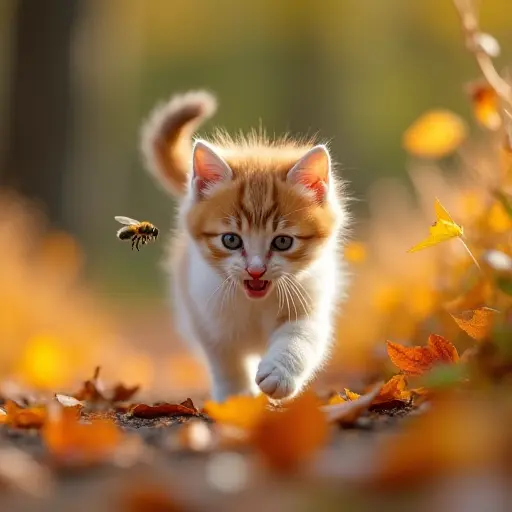 A tiny kitten chasing after a buzzing bee in an autumn garden, surrounded by colorful fallen leaves, with the cat’s tail flicking excitedly as the bee flits from flower to flower.