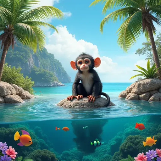 A monkey sitting on a rock by the ocean on a fantasy island, surrounded by palm trees, colorful flowers, and bright tropical fish swimming in the clear water below.