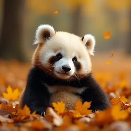 A panda nestled among a bed of fallen autumn leaves, with its eyes closed peacefully as the golden leaves float gently down around it in a quiet forest.