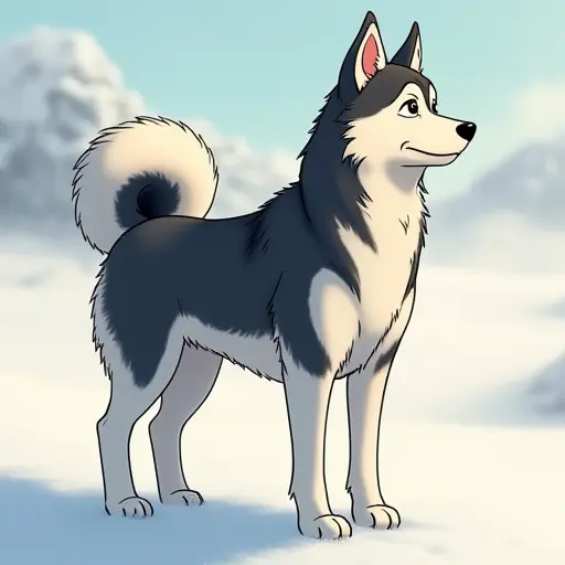 studio ghibli style of a siberian husky from the side view