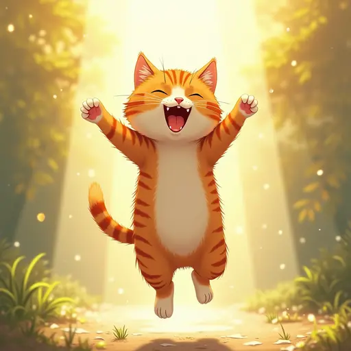 A cat jumping in the sunlight, its wet fur looking particularly joyful, Detailed Illustration.