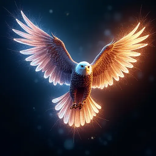 A quantum eagle with wings made of fluctuating quantum energy fields. The feathers pulse with light and energy, constantly shifting between visible and invisible states, representing the quantum nature of its existence.