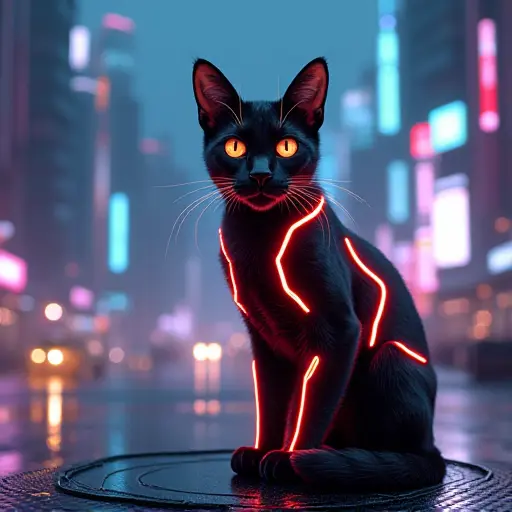 A futuristic cat with glowing neon stripes, sitting on a metallic platform in a high-tech cityscape at night.