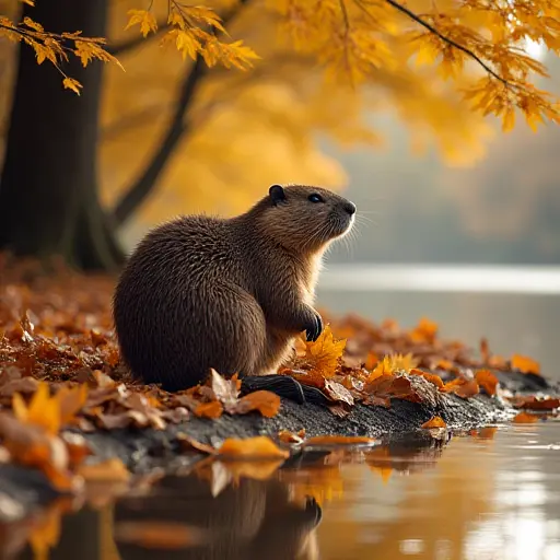 A beaver sitting near a riverbank, its home surrounded by a blanket of golden autumn leaves, while soft winds blow leaves across the still waters of the river.