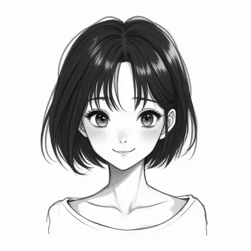 A girl with short black hair, drawn in a minimalist sketch style with soft pencil strokes and a bright smile.