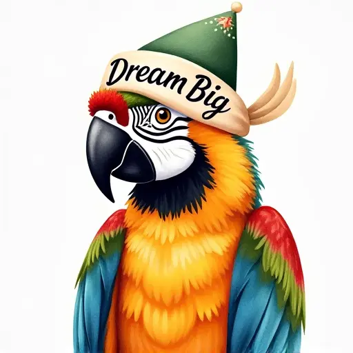 parrot, headband, slogan Dream Big, watercolor style