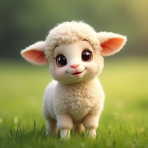 Fluffy lamb with soft wool, big eyes, and a sweet expression, standing in a green field.