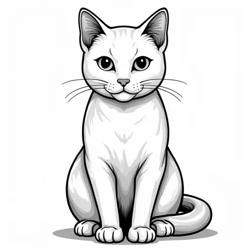 clean black and white hand-drawn outlines of a american shorthair from the front view