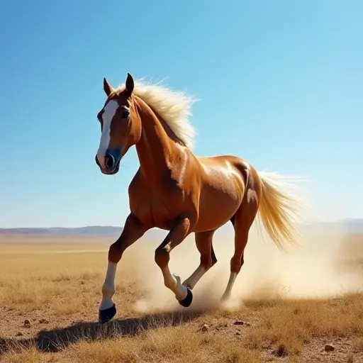 A horse galloping through a wide open plain under a bright blue sky, its hooves kicking up dust and its mane flowing freely in the wind.