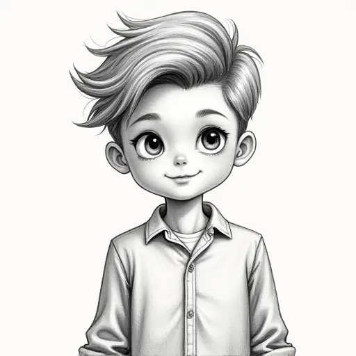 A boy with a retro hairstyle and clothing, drawn in soft pencil lines with vintage shading.