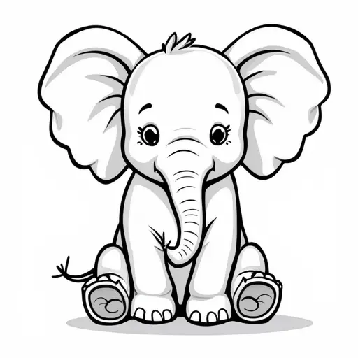 black and white simple line drawing of a baby elephant from the front view