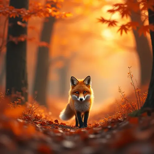 A small fox walking through a forest in autumn, its fur glowing with golden highlights as it moves past trees with fiery red and orange leaves, resembling flames in the forest.