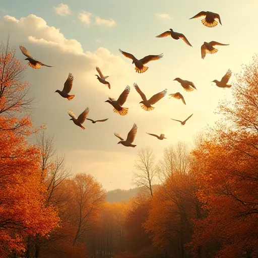 A flock of birds flying through the autumn sky, their wings silhouetted against the golden and red leaves of the trees below, creating a stunning contrast between the movement of the birds and the stillness of the autumn landscape.