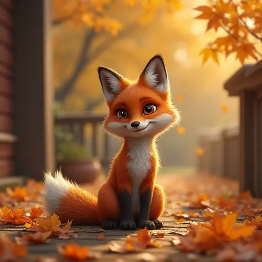 A fox sitting on a porch covered in autumn leaves, with its eyes gazing into the distance as the soft autumn breeze rustles the leaves around it, creating a peaceful and warm atmosphere.