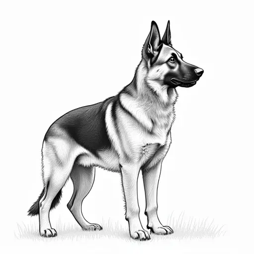 clean pencial outline sketch of a german shepherd from the side view