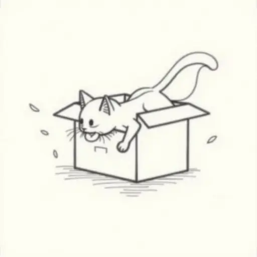 clean pencial outline sketch of The kitten dives headfirst into the box, its tail swishing gently as it explores the surroundings.