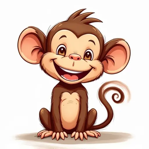 A playful monkey with a big smile, drawn with loose, sketchy lines and soft brown tones.