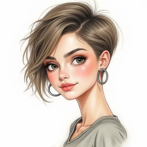 A cool girl with short hair and hoop earrings, drawn in fine pencil strokes with soft watercolor highlights.