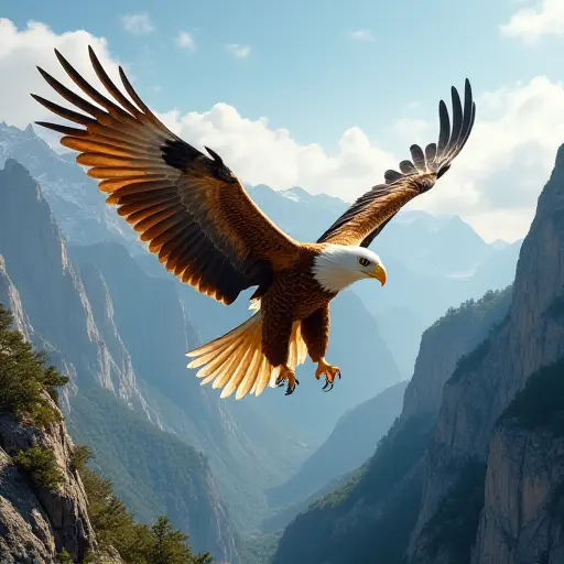 A golden eagle flying through the sky over vast mountain ranges, its wings spread wide as it soars between cliffs with the wind rushing through its feathers.