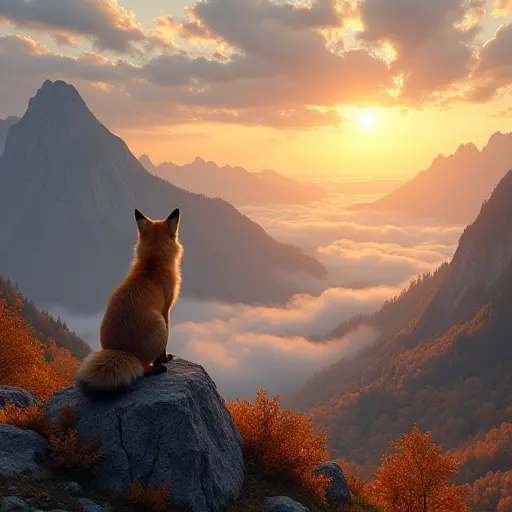 A fox standing atop a mountain, gazing at the cloud-filled sky above, with the sun setting behind the peaks and a blanket of autumn leaves covering the valley below.