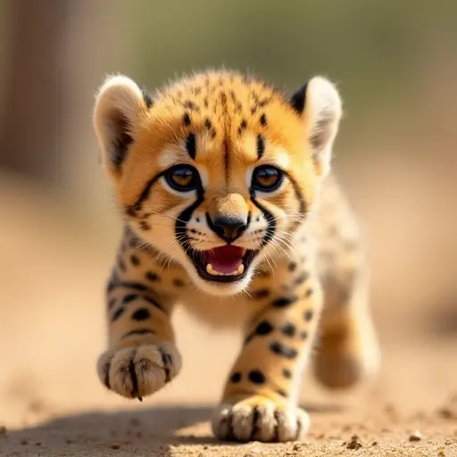 Playful cheetah cub with spots, big eyes, and a fast-running pose.