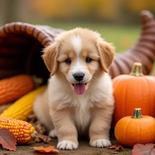 A fluffy puppy happily sitting next to a cornucopia filled with corn, pumpkins, and other harvest goodies, with the warm tones of autumn leaves surrounding it, evoking a sense of gratitude.