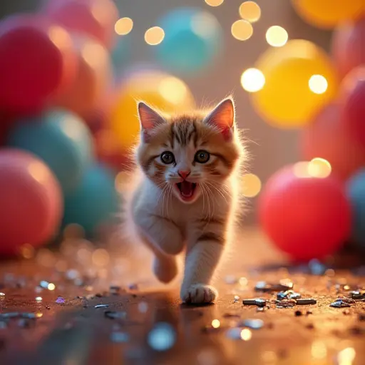 A playful kitten chasing colorful balloons on New Year’s Eve, surrounded by confetti and the bright lights of the celebration, capturing the excitement and joy of the occasion.