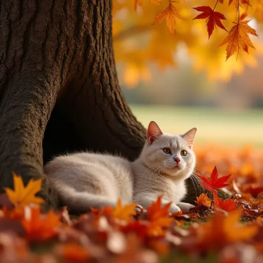 A cat lying in a cozy spot under an oak tree, surrounded by fallen autumn leaves, with its fur blending with the rich golden and red hues of the leaves around it.