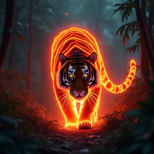 A tiger with glowing red and orange stripes that resemble flowing fire, prowling through a dark jungle.