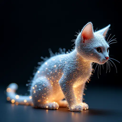 A cat avatar composed of tiny, glowing nano-bots that form and reform as the cat moves, showcasing the microscopic scale of technology.