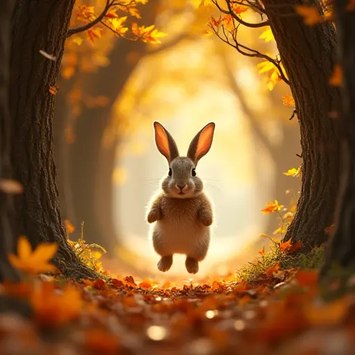 A rabbit hopping through a tunnel of vine-covered trees, surrounded by a sea of fallen autumn leaves, with soft golden light filtering through the leaves above.