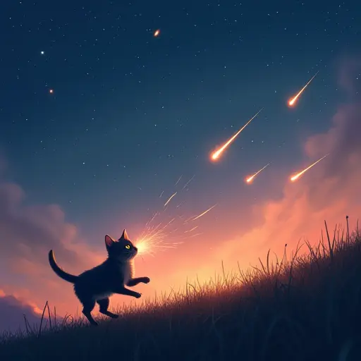 A cat chasing a falling star across a twilight sky, its fur glowing faintly as it leaps among shooting stars.