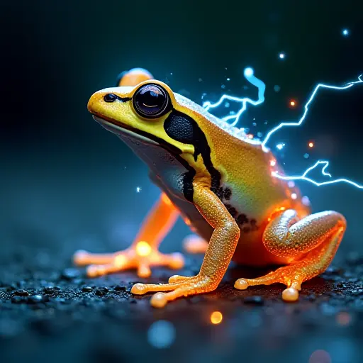 A frog with glowing electrical currents running through its body, representing power and agility in the digital world.