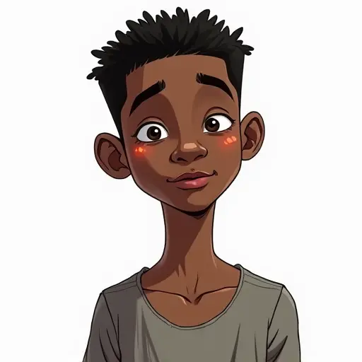 A tall boy with dark skin and short hair, sketched in smooth lines with light shading.