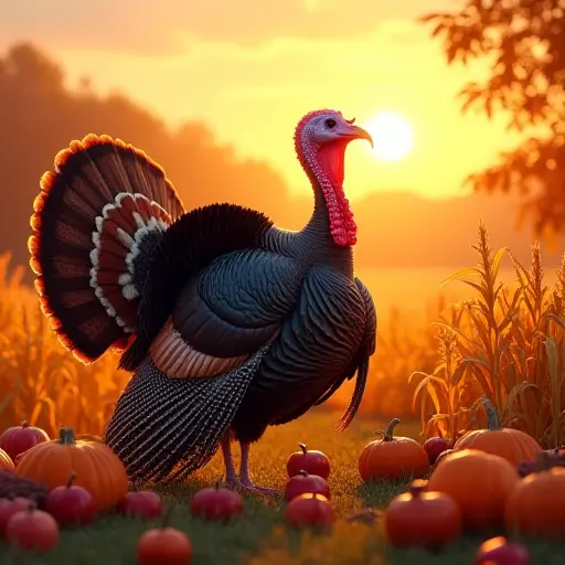 A plump turkey standing in a harvest field, surrounded by pumpkins, apples, and cornstalks, with the warm glow of the setting sun casting long shadows over the autumn landscape, creating a thankful holiday atmosphere.