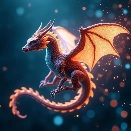 A dragon avatar with glowing scales and digital wings, flying through a network of light and data streams.