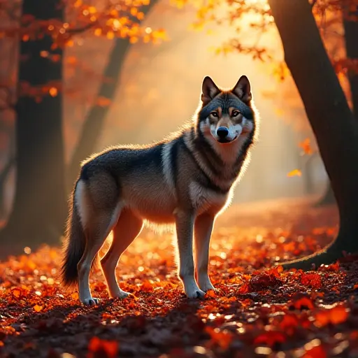 A wolf standing tall in the middle of a dense autumn forest, its fur blending with the red and orange leaves scattered on the ground, while sunlight shines through the trees, casting long shadows on the leaf-covered earth.