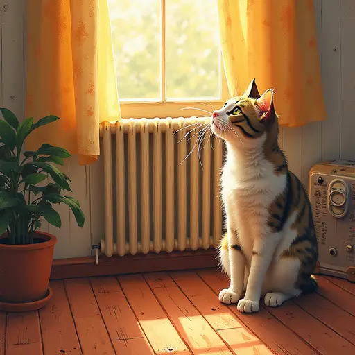 A cat standing in front of a heater, enjoying the warm breeze. style: pointillism painting.