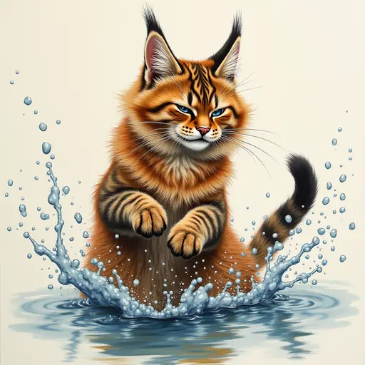 pointillism painting of A maine coon playfully splashing water with its paws, showing a mischievous expression.