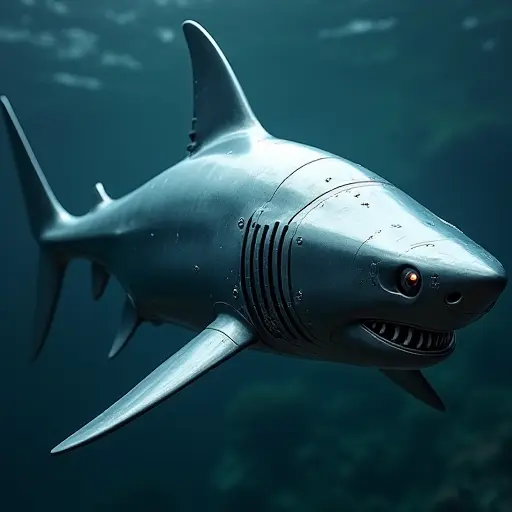 A shark designed with advanced AI systems, its body made of sleek, metallic surfaces that reflect light. The shark moves with precision, its eyes glowing as it adapts its swimming path to its environment.