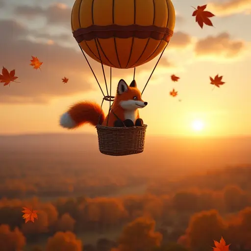 A fox flying in a hot air balloon above a vast landscape, with the wind blowing autumn leaves around it, and the world below covered in warm, golden hues as the sunset begins.