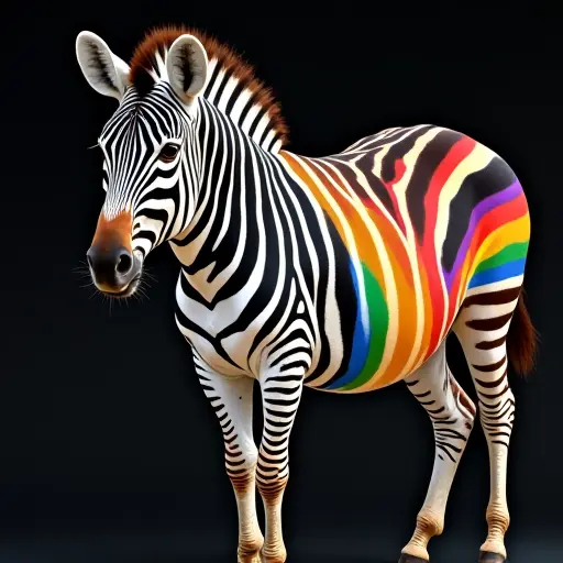 A zebra with rainbow-colored stripes, creating a bold and colorful look that contrasts with its natural black and white patterns.