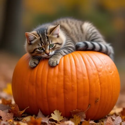 A cat resting on top of a giant pumpkin, surrounded by autumn leaves, as the large orange pumpkin contrasts with the earthy tones of the falling leaves, creating a cozy fall scene.