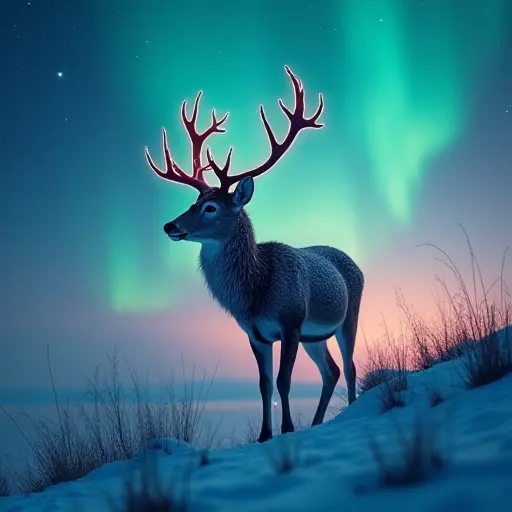 A deer with fur that shimmers like the aurora borealis, standing on a snowy hill under the northern lights.